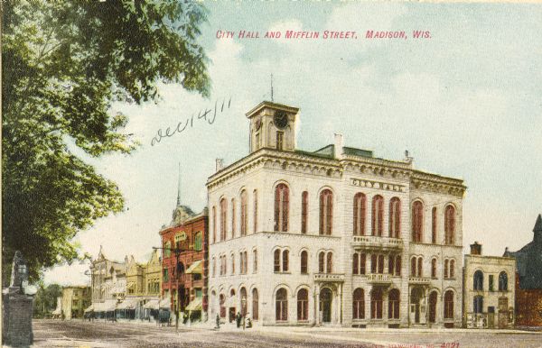 Colorized exterior view of City Hall, 2 West Mifflin Street. Caption reads: "City Hall and Mifflin Street, Madison, Wis."