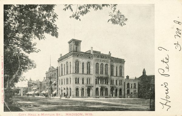 Exterior view of City Hall on Mifflin Street. Caption reads: "City Hall & Mifflin St., Madison, Wis."