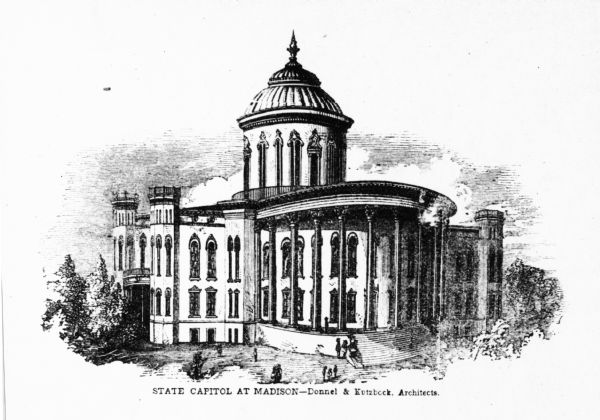 Illustration of an early design for the 3rd Wisconsin State Capitol, the second in Madison. Caption reads: "State Capitol at Madison — Donnel & Kutzbock, Architects."