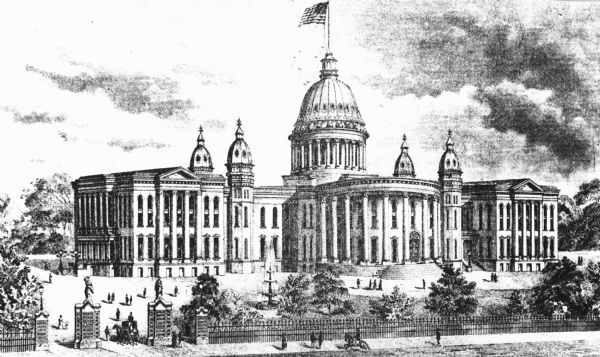 Illustration of the Wisconsin State Capitol with an American flag displayed on the dome.