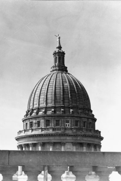 Wisconsin State Capitol dome, showing the statue "Wisconsin" by Daniel Chester French.