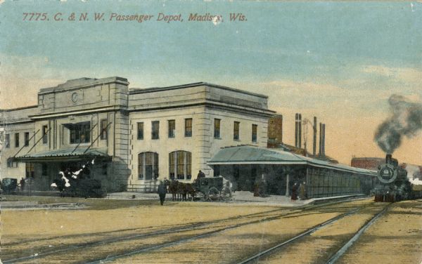 The Chicago & Northwestern Railway passenger depot. Caption reads: "C. & N. W. Passenger Depot, Madison, Wis."