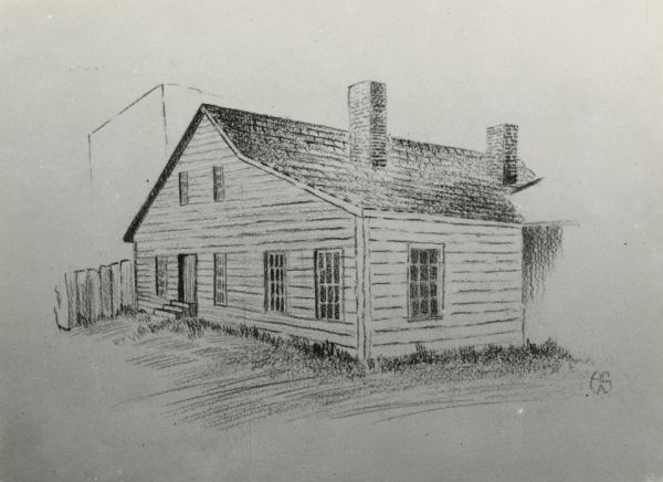 Pencil sketch of the James Duane Doty residence, the first Executive Mansion in Madison.