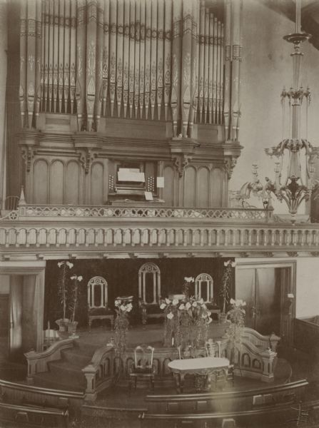 Elevated interior view of the First Congregational Church, 222 West Washington Avenue.