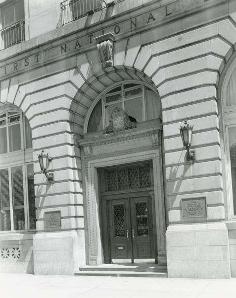 Exterior doorway of the First National Bank.