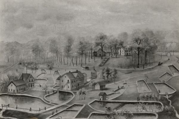 An artist's depiction of an elevated view of the first State Fish Hatchery (aka Nevin Fish Hatchery, 3911 Fish Hatchery Road).