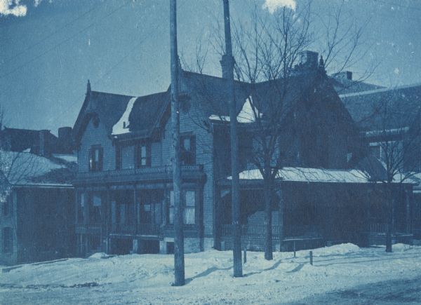 Cyanotype image of 602 Frances Street, located on the northwest corner of the intersection of Frances and Langdon Streets. The house served as the Chi Psi fraternity lodge between 1883 and 1892.