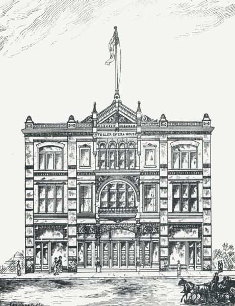 Illustration of the exterior of the Fuller Opera House, which is a detail from a bird's-eye view map of Madison.