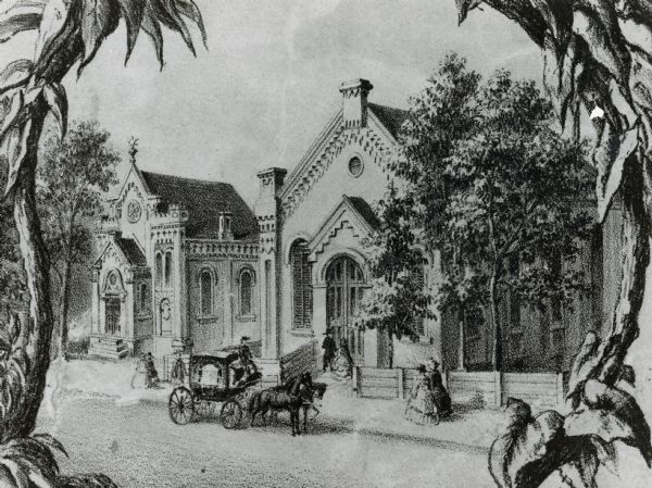 Early drawing of the Gates of Heaven Synagogue (on the left) and the Congregational Church (on the right), located on the 200 block of West Washington Avenue.