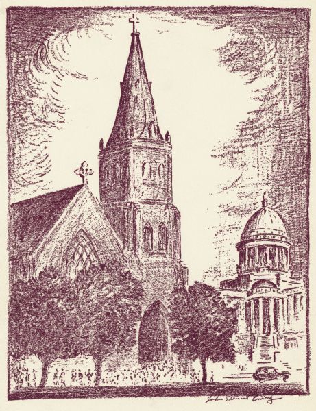 A lithograph of the Grace Episcopal Church with the Wisconsin State Capitol in the background.