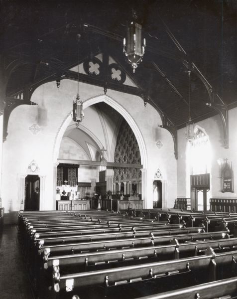 Interior view of the Grace Episcopal Church, showing the central arch between the altar and congregation.