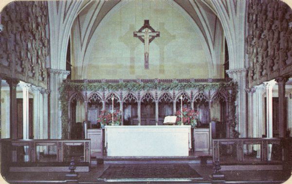 An interior view of the Grace Episcopal Church, showing the free-standing altar made of Kasota stone.  The church was founded in 1838.