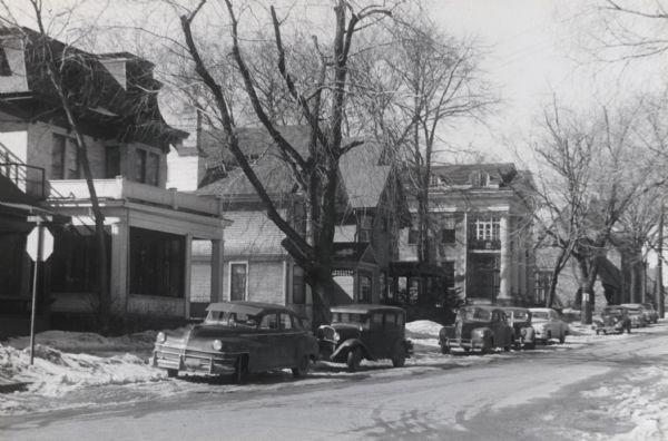 A view looking west along the 500 block of North Henry Street from its intersection with Gilman Street. The Greek Revival residence visible at right center, 524 North Henry Street, is the Alpha Chi Rho fraternity.