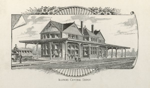 View across railroad tracks towards the Illinois Central railway station. A horse-drawn vehicle is on the left, and people are along the platform. Caption reads: "Illinois Central Depot". 