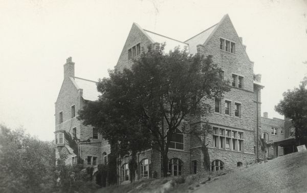 View looking uphill towards the house at 150 Iota Court, built in 1911-1912 from local sandstone for the Chi Psi fraternity.