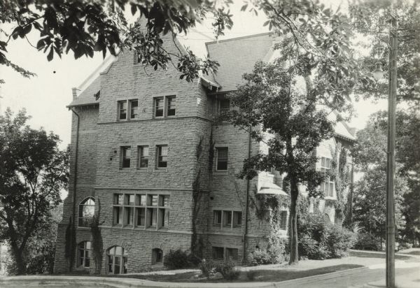 View looking down towards the house at 150 Iota Court, built in 1911-1912 from local sandstone for the Chi Psi fraternity.