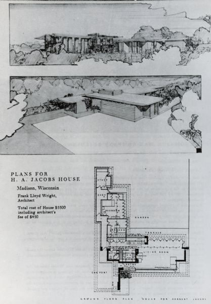 Architectural sketches and floor plans for the Herbert A. Jacobs residence, known as Jacobs I, at 441 Toepfer Avenue. This was the first of 25 Usonian houses designed by Frank Lloyd Wright, with an affordable design (intended to cost about $5000), which the architect dubbed "the house America needs." The Jacobs residence was also reportedly the first in the country to employ a radiant heating system embedded in the floor. These sketches and plans were published in the January, 1938, issue of <i>Architectural Forum</i> (vol. 68, no. 1, pp. 80-81).