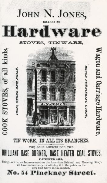 An advertisement for John N. Jones, Dealer in Hardware, which appeared in the 1873 Madison City Directory.