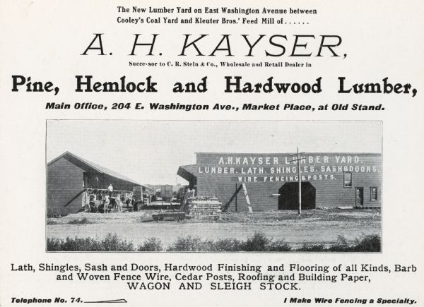 An advertisement for the A.H. Kayser lumberyard at 204 East Washington Avenue.