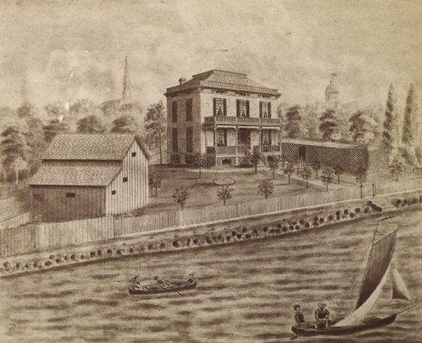 Drawing of and elevated view across water towards the Kendall residence, home of George L. Storer, a businessman in Madison. Three people are in a rowboat, and two people are in a sailboat on the lake in the foreground.