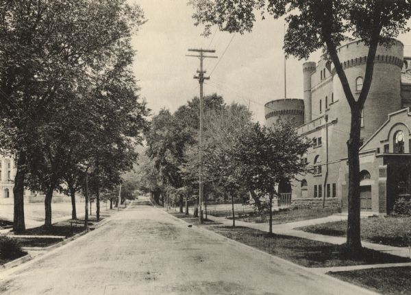 Langdon Street and the lower campus of the University of Wisconsin, including the Armory (Red Gym or Old Red).