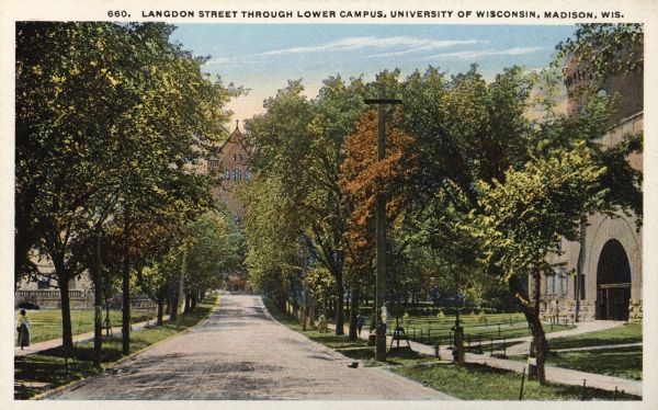 View down tree-lined Langdon Street and the lower campus of the University of Wisconsin. Caption reads: "Langdon Street through lower campus, University of Wisconsin, Madison, Wis."