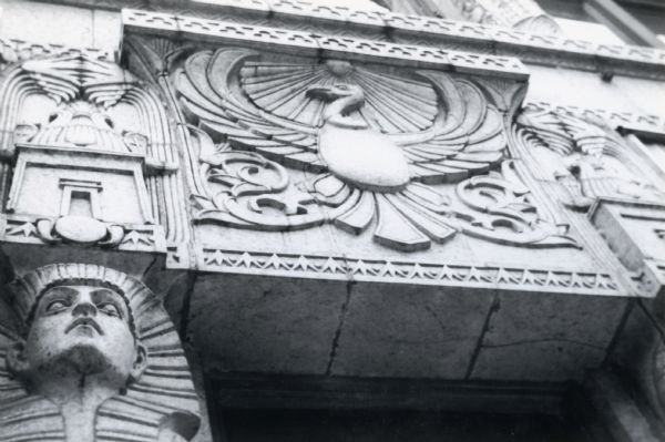 Details of the terra cotta decoration around the doorway of the  Levitan Building, 15 West Main.  The building was demolished in 1974 by the neighboring Affiliated Bank of Madison, owners of the Levitan property, and was replaced by a parking lot and a City-designed sidewalk alcove park.