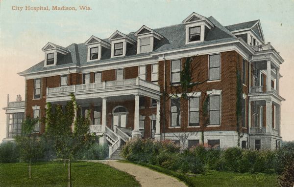 View of City Hospital, which became known as Madison General Hospital and is now Meriter Hospital. It was designed by Madison architects Louis W. Claude and Edward Starck. The original building was torn down in the 1960s. Caption reads: "City Hospital, Madison, Wis."