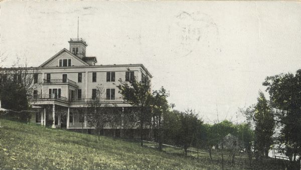 The Madison Sanitarium on Lakeside Street at Lake Monona, not to be confused with the Lakeside Sanitarium, which was located farther east along the south shore of the lake.  The Lakeside Sanitarium was a popular resort; it burned in the 1870s and was never rebuilt.  The Madison Sanitarium, a legitimate hospital and nursing home, opened in 1903 as a branch of the Battle Creek Sanitarium in Battle Creek, Michigan.