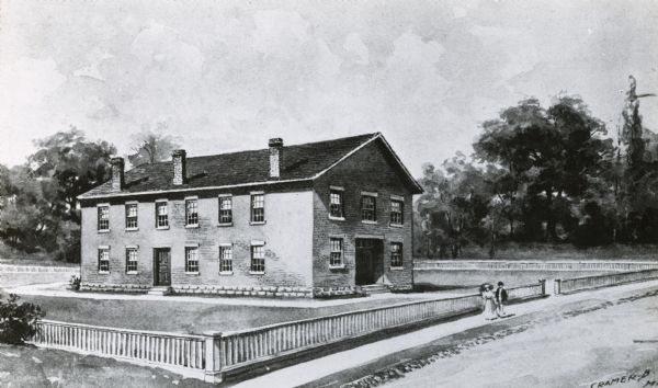 Sketch of the Madison Women's Seminary on the corner of Wisconsin Avenue and East Johnson. The Madison Female Academy was a 19th century school for girls which is now mainly famous as the site of the first classes held on February 5th, 1848 by the University of Wisconsin–Madison.