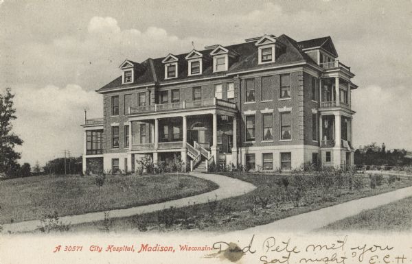 The Madison General Hospital, 925 Mound Street, looking west from Park Street. Caption reads: "City Hospital, Madison, Wisconsin."