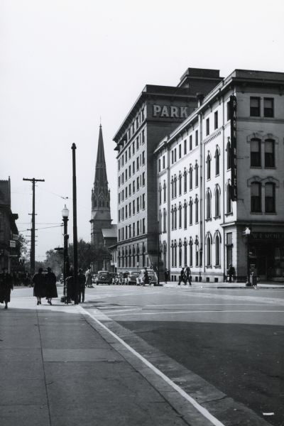 The intersection of West Main and North Carroll streets with St. Raphael's in the distance.