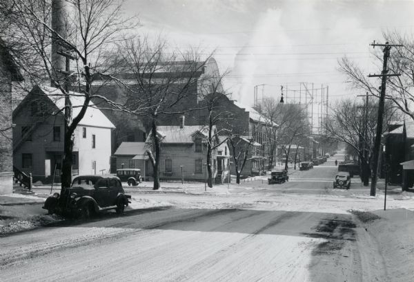 The snowy intersection of South Blair and East Main Streets.