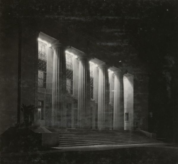 Exterior of the Masonic Temple at night.