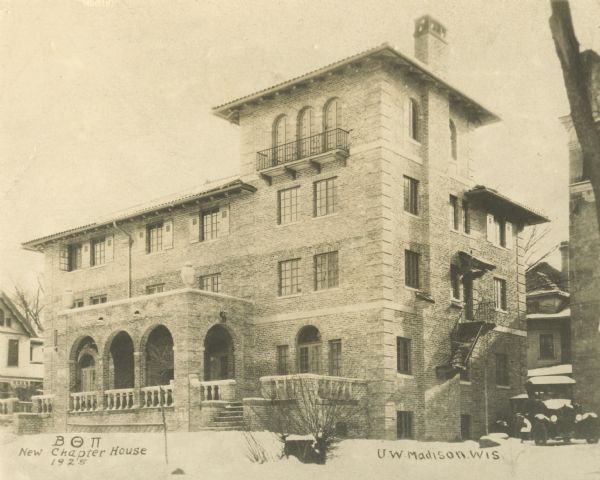 622 Mendota Court. This Mediterranean Revival fraternity house was designed by Law Brothers architects and erected in 1925 for the Beta Theta Pi chapter. Both Robert and Philip La Follette were members of the local chapter. Caption reads: U.W. Madison, Wis."