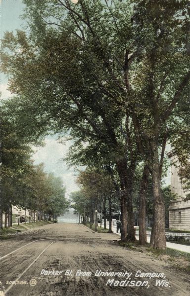 Parker [sic] Street, looking toward Lake Mendota. A portion of the Wisconsin Historical Society building is on the right. Caption reads: "Parker St. from University Campus, Madison Wis."