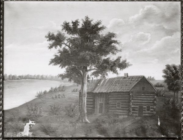 Photographic print of an amateur painting of the Peck Cabin representing the "first house in Madison, Wisconsin." The "Peck Cabin" is a variation signed "Meinhard, Madison," painted about 1885. Probably based on an original (location unknown) by Mrs. E.E. Bailey. 