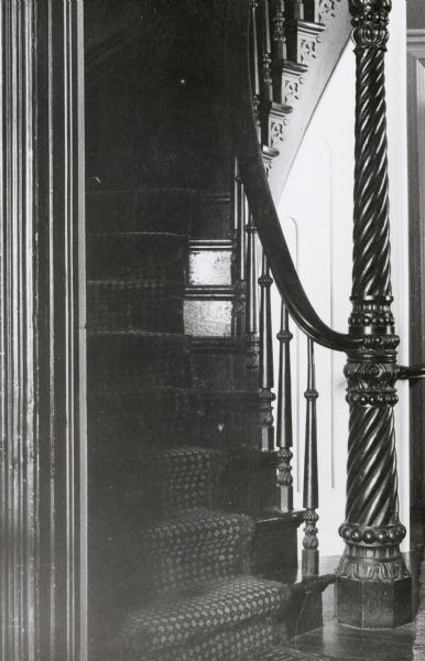 Hand-turned spiral staircase built by A.D. Frederickson at the Pierce house, at 424 North Pinckney Street, built about 1857.