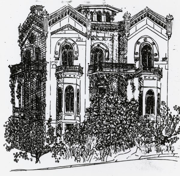 A sketch of the Pierce Residence at 424 North Pinckney Street. The house is sometimes referred to by the surnames of its other owners: McDonnell, Garnhardt, Conover.