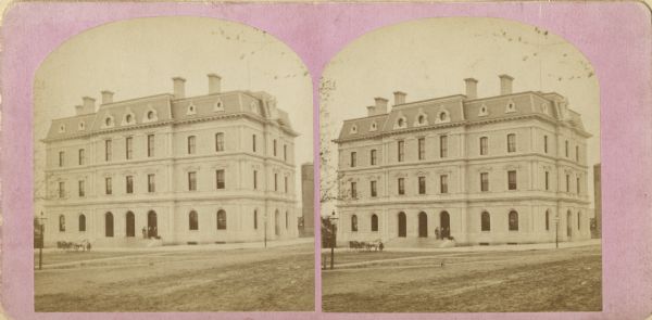 Stereograph of the old Post Office that was located at the corner of Wisconsin Avenue and Mifflin Street.