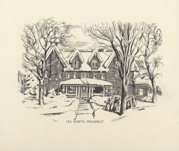 View of the University President's home at 130 North Prospect Avenue. This illustration was taken from a Christmas card prepared for Conrad A. Constance W. Elvehjem. He served as the thirteenth president of the University of Wisconsin between 1959-1961. The residence was built for Madison attorney John M. Olin and his wife Helen in 1911. It was bequeathed to the University in 1924 and was subsequently used (until about 1970) to house the University president and his family. A group of carolers are on the sidewalk. Caption reads: "130 North Prospect".