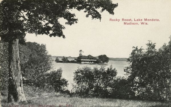 Rocky Roost, a cottage, which was located west of Governor's Island in Lake Mendota. The cottage was designed and built in 1893 (according to Taliesin Association of Architects) by Frank Lloyd Wright for Robert Lamp of Madison. It was destroyed by a fire in the late 1930's. Caption reads: "Rocky Roost, Lake Mendota, Madison, Wis."