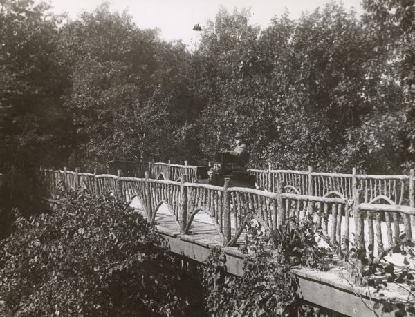 View of a rustic bridge over a ravine on Lake Mendota Drive in Shorewood Hills. Judge A.G Zimmerman is posing in his first automobile, also one of Madison's first cars.