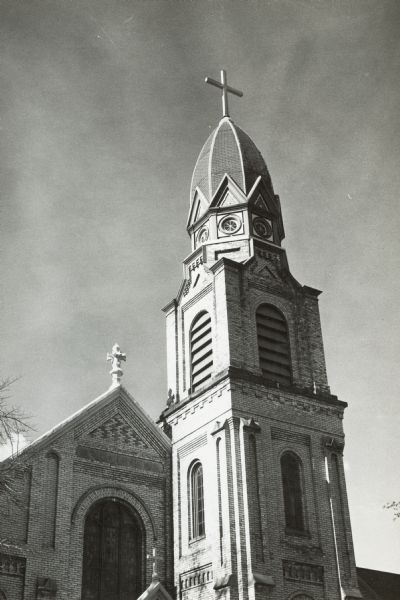 View of the steeple on Saint Patrick's Catholic Church.