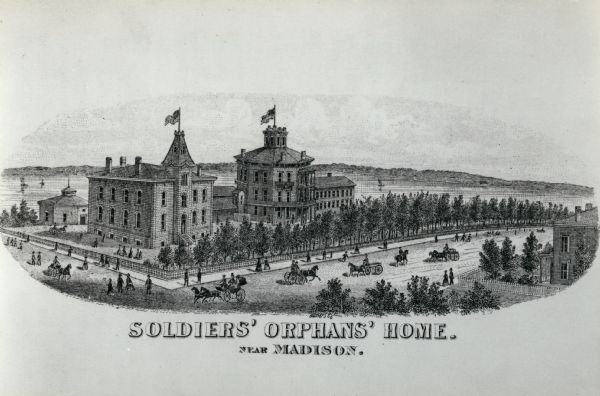 Originally printed in the Centennial Records of the Women of Wisconsin on page 37. The elevated view illustrates the large houses and the surrounding bustling road. The home was originally opened in 1866 by Mrs. C.A.P Harvey and closed in 1874. Caption reads: "Soldiers' Orphans' Home. Near Madison."