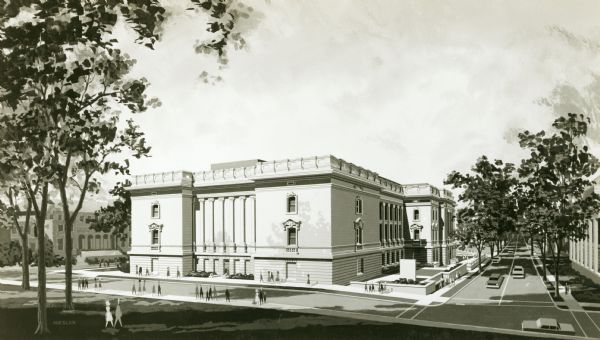 An artist's rendition of the Wisconsin State Historical Society as seen from Bascom Hill.