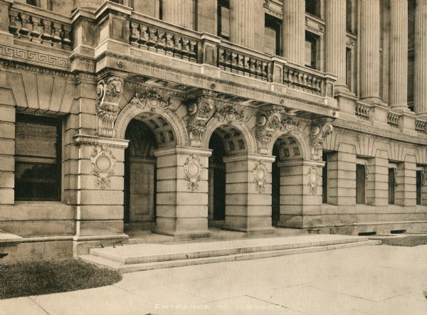 A view of the detailed front entrance to the Wisconsin Historical Society.