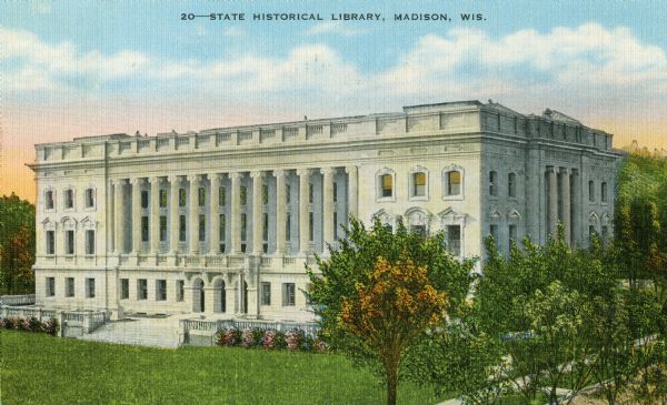 Slightly elevated view of the State Historical Society at 816 State Street. Caption reads: "State Historical Library, Madison, Wis."