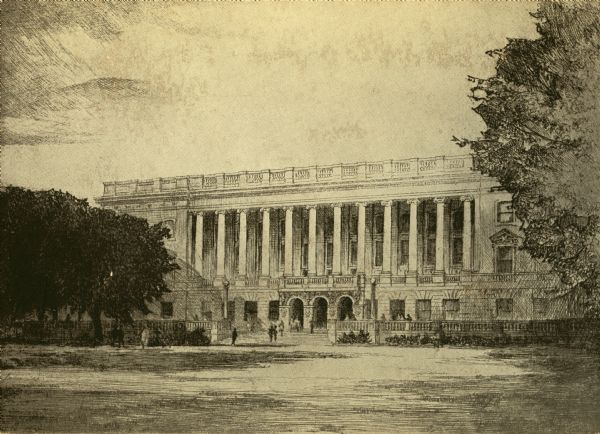 A black and white etching of the State Historical Society of Wisconsin.