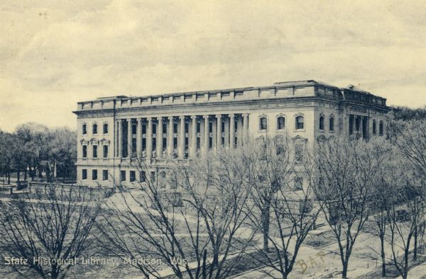 Elevated view of the State Historical Society from the Armory. Caption reads: "State Historical Library, Madison, Wis."